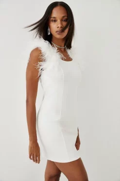 Budget 👏 Karen Millen Feather Strap Ponte Mini 👗 Dress 😀 -PARTY DRESSES Sales Store womens black feather strap ponte mini dress