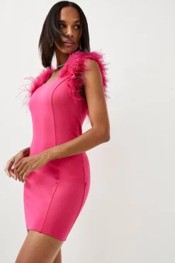 Budget 👏 Karen Millen Feather Strap Ponte Mini 👗 Dress 😀 -PARTY DRESSES Sales Store womens black feather strap ponte mini dress 1 1