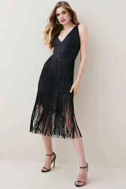 Best Sale π₯ Karen Millen Foiled Bandage Knit Fringe Tiered Midi π Dress π₯° 14 Best Sale π₯ Karen Millen Foiled Bandage Knit Fringe Tiered Midi π Dress π₯° -PARTY DRESSES Sales Store womens black foiled bandage knit fringe tiered midi dress
