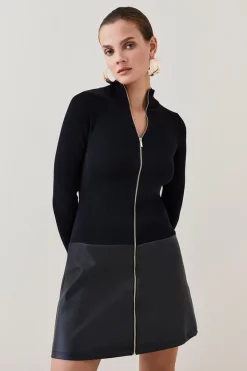 Outlet 🎉 Karen Millen Funnel Neck Pu Hem Knit Mini 👗 Dress 😉 -PARTY DRESSES Sales Store womens black funnel neck pu hem knit mini dress 1