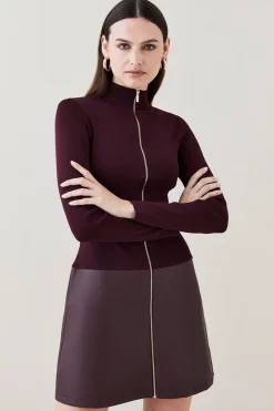 Outlet 🎉 Karen Millen Funnel Neck Pu Hem Knit Mini 👗 Dress 😉 -PARTY DRESSES Sales Store womens black funnel neck pu hem knit mini dress 2