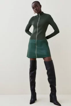 Outlet 🎉 Karen Millen Funnel Neck Pu Hem Knit Mini 👗 Dress 😉 -PARTY DRESSES Sales Store womens black funnel neck pu hem knit mini dress