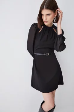 Brand new 👏 Karen Millen Georgette Sleeve Belted Ponte Skater 👗 Dress ⌛ -PARTY DRESSES Sales Store womens black georgette sleeve belted ponte skater dress
