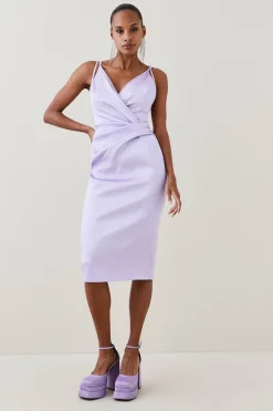 Cheapest 💯 Karen Millen Italian Structured Satin Strappy Midi 👗 Dress 💯 -PARTY DRESSES Sales Store womens black italian structured satin strappy midi dress