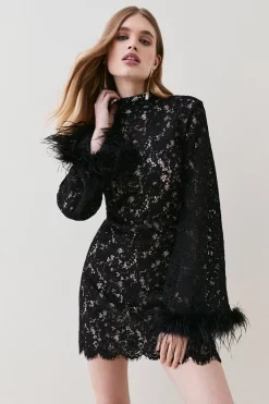 Best Sale ✨ Karen Millen Lace Feather Woven Mini 👗 Dress 😉 -PARTY DRESSES Sales Store womens black lace feather woven mini dress