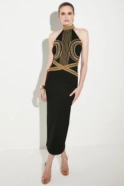 Best Sale ⌛ Karen Millen Military Embellished High Neck Maxi 👗 Dress ✔️ -PARTY DRESSES Sales Store womens black military embellished high neck maxi dress