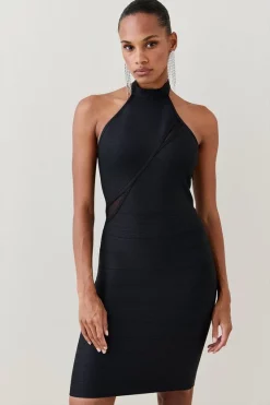 Outlet 🤩 Karen Millen Sparkle Bandage Knit Cut Out Halter Mini 👗 Dress 🔥 -PARTY DRESSES Sales Store womens black sparkle bandage knit cut out halter mini dress