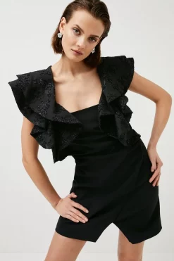 Discount 😍 Karen Millen Sparkle Jacquard Contrast Sleeve Mini 👗 Dress 🎁 -PARTY DRESSES Sales Store womens black sparkle jacquard contrast sleeve mini dress 1