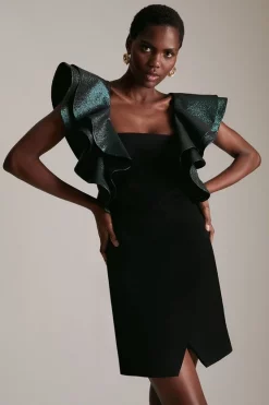 Discount 😍 Karen Millen Sparkle Jacquard Contrast Sleeve Mini 👗 Dress 🎁 -PARTY DRESSES Sales Store womens black sparkle jacquard contrast sleeve mini dress