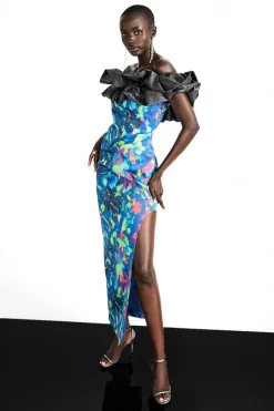 Wholesale 💯 Karen Millen Weston Kaleidoscope Print Bardot Maxi 👗 Dress 🥰 -PARTY DRESSES Sales Store womens blue weston kaleidoscope print bardot maxi dress