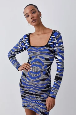 Budget 🛒 Karen Millen Abstract Jacquard Knitted Mini 👗 Dress 🛒 -PARTY DRESSES Sales Store womens cobalt abstract jacquard knitted mini dress