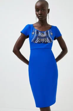 Wholesale 🛒 Karen Millen Embellished Scoop Figure Form Crepe Midi 👗 Dress ⭐ -PARTY DRESSES Sales Store womens cobalt embellished scoop figure form crepe midi dress