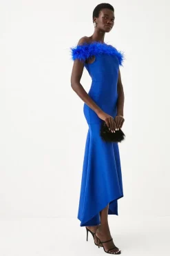 Best deal 🌟 Karen Millen Feather Detail Bandage Bardot Maxi 👗 Dress 🎉 -PARTY DRESSES Sales Store womens cobalt feather detail bandage bardot maxi dress