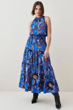 Cheapest 🥰 Karen Millen Floral Shirred Detail Woven Maxi 👗 Dress 🛒 -PARTY DRESSES Sales Store womens electric20blue floral shirred detail woven maxi dress