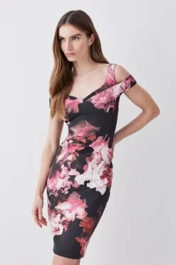 Budget 🥰 Karen Millen Italian Structured Stretch Midnight Orchid Pencil Midi 👗 Dress ✨ -PARTY DRESSES Sales Store womens floral italian structured stretch midnight orchid pencil midi dress