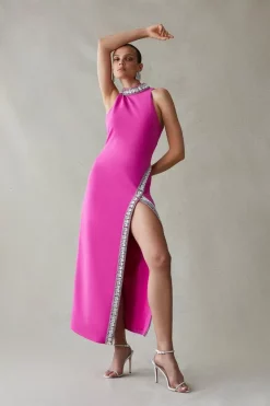 Best deal π Karen Millen Crystal Embellished Woven Thigh Split Maxi β€οΈ 18 Best deal π Karen Millen Crystal Embellished Woven Thigh Split Maxi β€οΈ -PARTY DRESSES Sales Store womens fuchsia crystal embellished woven thigh split maxi 1