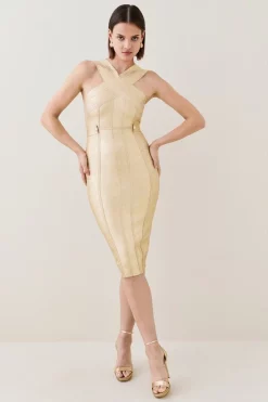 Coupon 🛒 Karen Millen Foiled Bandage Knit Midi 👗 Dress 👍 -PARTY DRESSES Sales Store womens gold foiled bandage knit midi dress