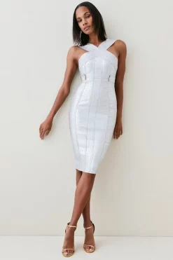 Coupon 🛒 Karen Millen Foiled Bandage Knit Midi 👗 Dress 👍 -PARTY DRESSES Sales Store womens gold foiled bandage knit midi dress 1 1