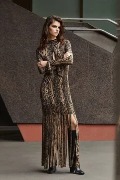 Buy 💯 Karen Millen Sparkle Slinky Knit Twist Neck Maxi 👗 Dress 🧨 -PARTY DRESSES Sales Store womens gold sparkle slinky knit twist neck maxi dress