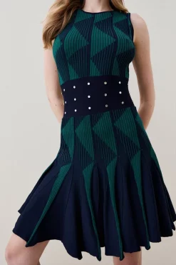 Best Sale ✨ Karen Millen Contrast Jacquard Stud Detail Knit Mini 👗 Dress 🎁 -PARTY DRESSES Sales Store womens green contrast jacquard stud detail knit mini dress 1 1
