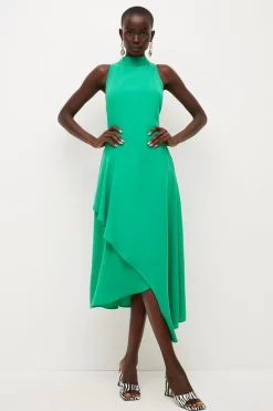 Promo 🤩 Karen Millen Crepe Waterfall High Neck Midi 👗 Dress 🎉 -PARTY DRESSES Sales Store womens green crepe waterfall high neck midi dress 1