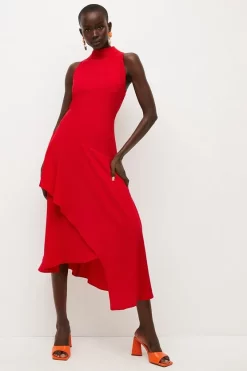 Promo 🤩 Karen Millen Crepe Waterfall High Neck Midi 👗 Dress 🎉 -PARTY DRESSES Sales Store womens green crepe waterfall high neck midi dress