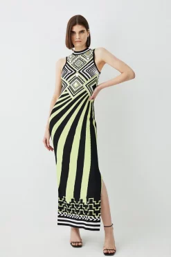 Best Pirce 🥰 Karen Millen Embellished Stripe Jacquard Knitted Maxi Column 👗 Dress ❤️ -PARTY DRESSES Sales Store womens green embellished stripe jacquard knitted maxi column dress