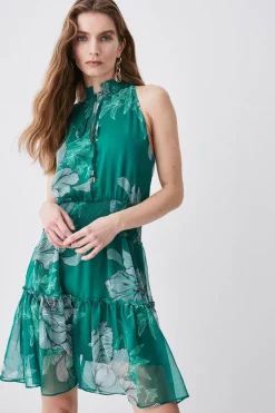 Best Pirce 🌟 Karen Millen Floral Bloom Shirred Halter Woven Mini 👗 Dress 😍 -PARTY DRESSES Sales Store womens green floral bloom shirred halter woven mini dress