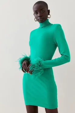 Brand new ✨ Karen Millen Petite Feather Trim Knit Fitted Mini 👗 Dress 😍 -PARTY DRESSES Sales Store womens green petite feather trim knit fitted mini dress