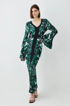 Best Sale 🔥 Karen Millen Slinky Jacquard Full Sleeve Knitted Maxi 👗 Dress ⭐ -PARTY DRESSES Sales Store womens green slinky jacquard full sleeve knitted maxi dress