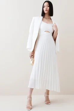 Coupon 👏 Karen Millen Compact Stretch Contrast Midi Pleat 👗 Dress 🌟 -PARTY DRESSES Sales Store womens ivory compact stretch contrast midi pleat dress