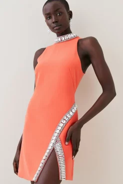 Deals ✔️ Karen Millen Crystal Embellished Woven Thigh Split Mini 🎁 -PARTY DRESSES Sales Store womens ivory crystal embellished woven thigh split mini 2