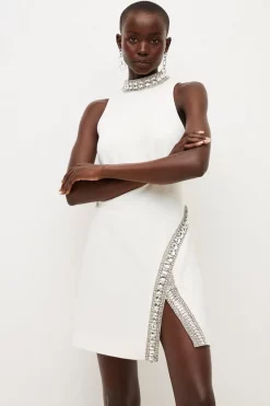 Deals ✔️ Karen Millen Crystal Embellished Woven Thigh Split Mini 🎁 -PARTY DRESSES Sales Store womens ivory crystal embellished woven thigh split mini