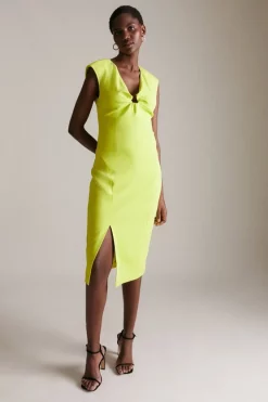 Budget ⌛ Karen Millen Compact Stretch Viscose Ring Detail Midi 👗 Dress 🎁 -PARTY DRESSES Sales Store womens lime compact stretch viscose ring detail midi dress
