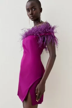 Discount 🎁 Karen Millen Italian Structured Satin Feather Bardot Mini 👗 Dress ✨ -PARTY DRESSES Sales Store womens magenta italian structured satin feather bardot mini dress