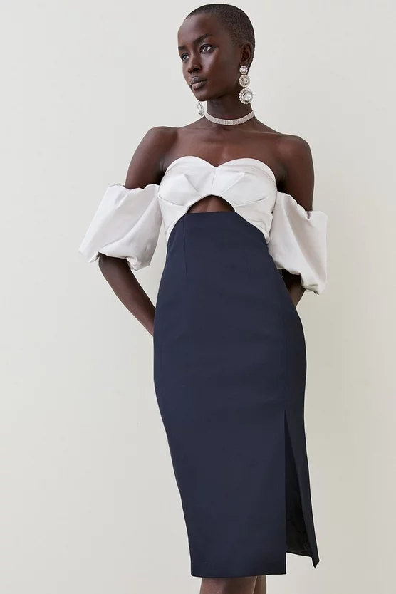 Outlet ❤️ Karen Millen Italian Structured Satin Bardot Pencil Midi 👗 Dress 🎉 7 Outlet ❤️ Karen Millen Italian Structured Satin Bardot Pencil Midi 👗 Dress 🎉 - Image 5