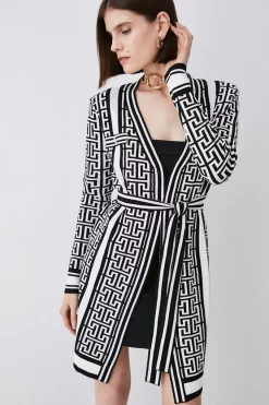 Best Sale 😍 Karen Millen Mono Military Trim Belted Jacquard Knit Cardigan 🎁 -PARTY DRESSES Sales Store womens mono mono military trim belted jacquard knit cardigan