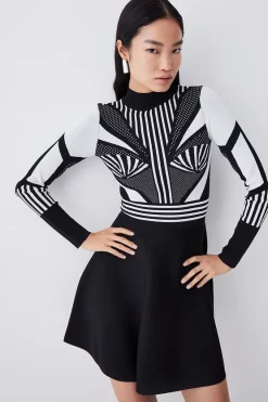 Brand new 🎉 Karen Millen Mono Sporty Jacquard Knit Mini Skater 👗 Dress 😍 -PARTY DRESSES Sales Store womens mono mono sporty jacquard knit mini skater dress