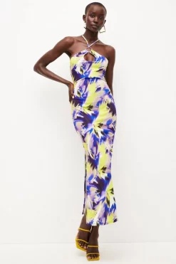Wholesale 🎁 Karen Millen Neon Print Halter Drape Jersey Maxi 👗 Dress ❤️ -PARTY DRESSES Sales Store womens multi neon print halter drape jersey maxi dress