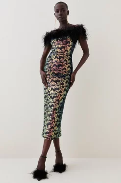 Buy ⭐ Karen Millen Tall Sequin Bardot Feather Trim Midaxi 👗 Dress 👍 -PARTY DRESSES Sales Store womens multi tall sequin bardot feather trim midaxi dress