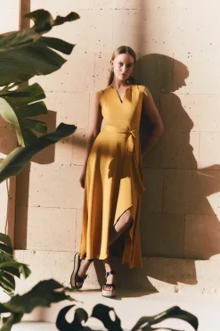 Best deal 🎁 Karen Millen Compact Stretch Viscose Waterfall Midaxi 👗 Dress 😍 -PARTY DRESSES Sales Store womens mustard compact stretch viscose waterfall midaxi dress 1