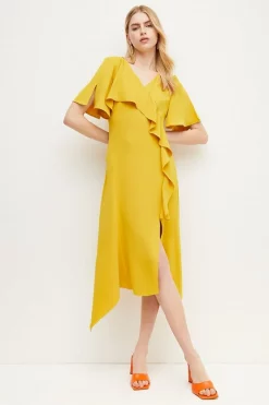 Discount 🧨 Karen Millen Soft Tailored Ruffle Detail Midi 👗 Dress ✔️ -PARTY DRESSES Sales Store womens mustard soft tailored ruffle detail midi dress