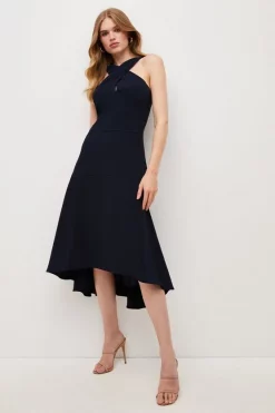 Best Pirce 🎁 Karen Millen Soft Tailored Cross Over Neck High Low Midi 👗 Dress 🎁 -PARTY DRESSES Sales Store womens navy soft tailored cross over neck high low midi dress 1