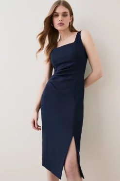 Budget 🧨 Karen Millen Structured Crepe Strap Midi Tailored 👗 Dress 😍 -PARTY DRESSES Sales Store womens navy structured crepe strap midi tailored dress