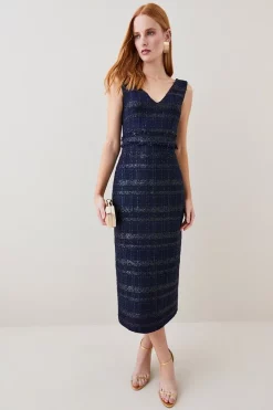 Budget ⭐ Karen Millen Tweed Frayed Waistband Detail Midi 👗 Dress 🔥 -PARTY DRESSES Sales Store womens navy tweed frayed waistband detail midi dress