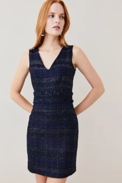 Promo 🔥 Karen Millen Tweed Frayed Waistband Detail Mini 👗 Dress 👍 -PARTY DRESSES Sales Store womens navy tweed frayed waistband detail mini dress