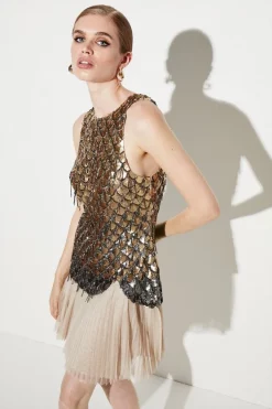 Wholesale 🤩 Karen Millen Scallop Beaded And Embellished Tulle 👗 Dress 🔥 -PARTY DRESSES Sales Store womens neutral scallop beaded and embellished tulle dress