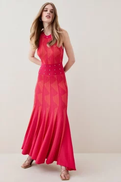 Best reviews of 🔔 Karen Millen Contrast Jacquard Stud Detail Knit Maxi 👗 Dress 🛒 -PARTY DRESSES Sales Store womens orange contrast jacquard stud detail knit maxi dress 1