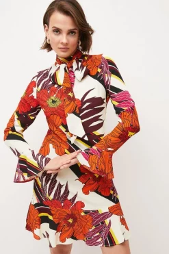Best deal 😍 Karen Millen Stripe Floral Tie Neck Woven Mini 👗 Dress 🤩 -PARTY DRESSES Sales Store womens orange stripe floral tie neck woven mini dress