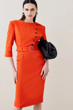 Outlet 💯 Karen Millen Structured Crepe Strong Shoulder Midi 👗 Dress 😀 -PARTY DRESSES Sales Store womens orange structured crepe strong shoulder midi dress 1 1